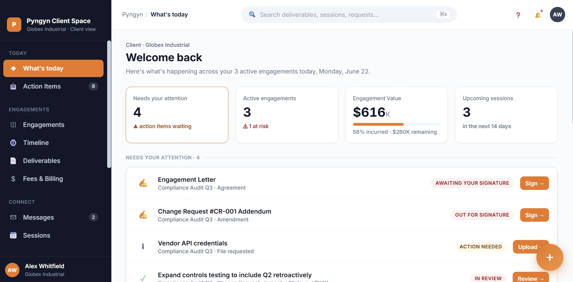 Clientspace portal showing needs-your-attention items, active engagements, engagement value, and upcoming sessions for a client logging in